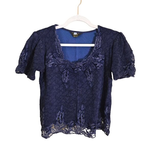 Luiselle Made In Italy Blue Mixed Media Crochet Lace Detail Top Size M - Picture 1 of 7